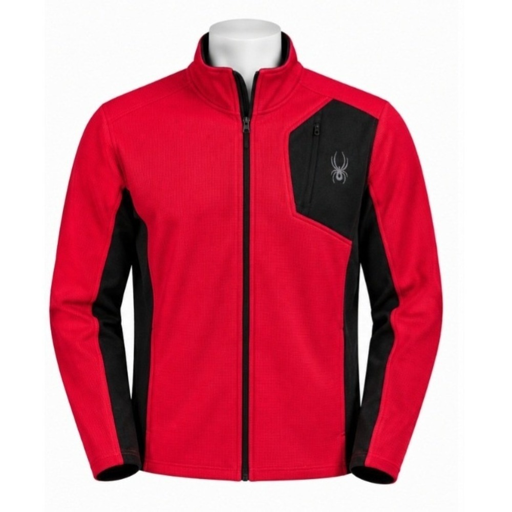 Spyder Mens Red Black Waffle Knit Full Zip Fleece Jacket Mock Neck Large
